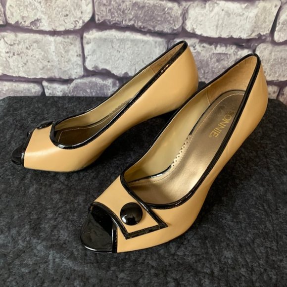 Connie Shoes - Connie Taupe W/ Black Trim & Button Heels